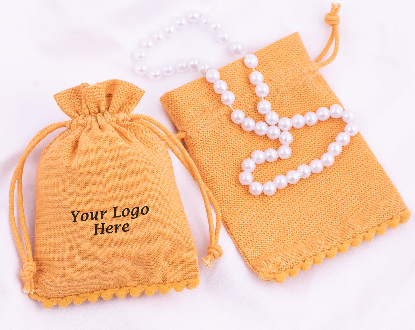 100pcs Yellow Gold Designer Cotton Pouches With Logo For Organic Jewelry Packaging