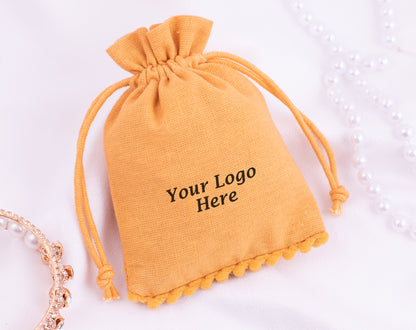 100pcs Yellow Gold Designer Cotton Pouches With Logo For Organic Jewelry Packaging