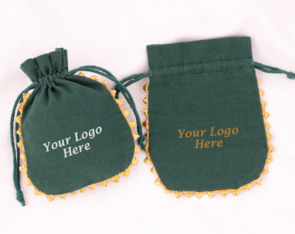 Pack of 100 - Round Golden Lace Green Drawstring Designer Pouch With Logo