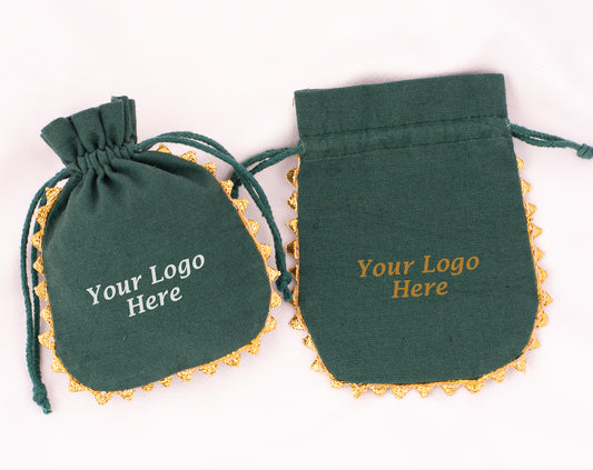Pack of 100 - Round Golden Lace Green Drawstring Designer Pouch With Logo
