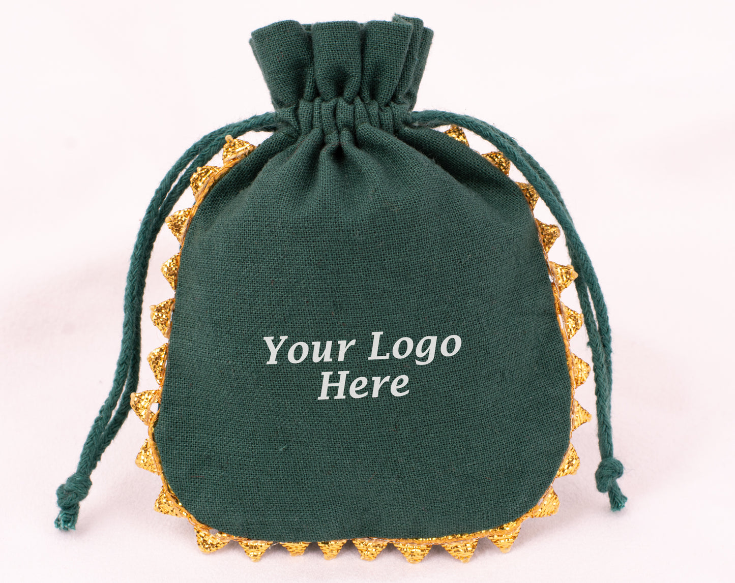 Pack of 100 - Round Golden Lace Green Drawstring Designer Pouch With Logo