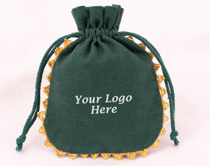 Pack of 100 - Round Golden Lace Green Drawstring Designer Pouch With Logo