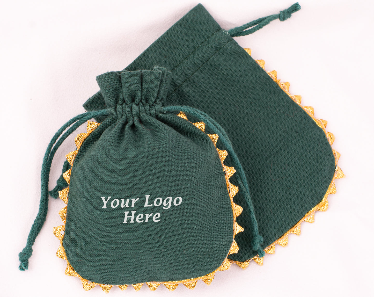 Pack of 100 - Round Golden Lace Green Drawstring Designer Pouch With Logo