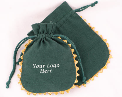 Pack of 100 - Round Golden Lace Green Drawstring Designer Pouch With Logo