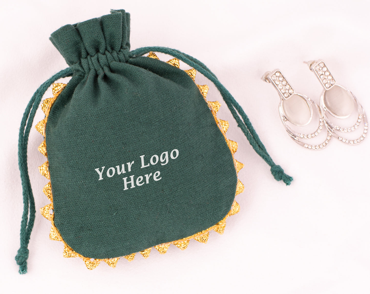 Pack of 100 - Round Golden Lace Green Drawstring Designer Pouch With Logo