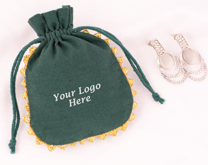 Pack of 100 - Round Golden Lace Green Drawstring Designer Pouch With Logo