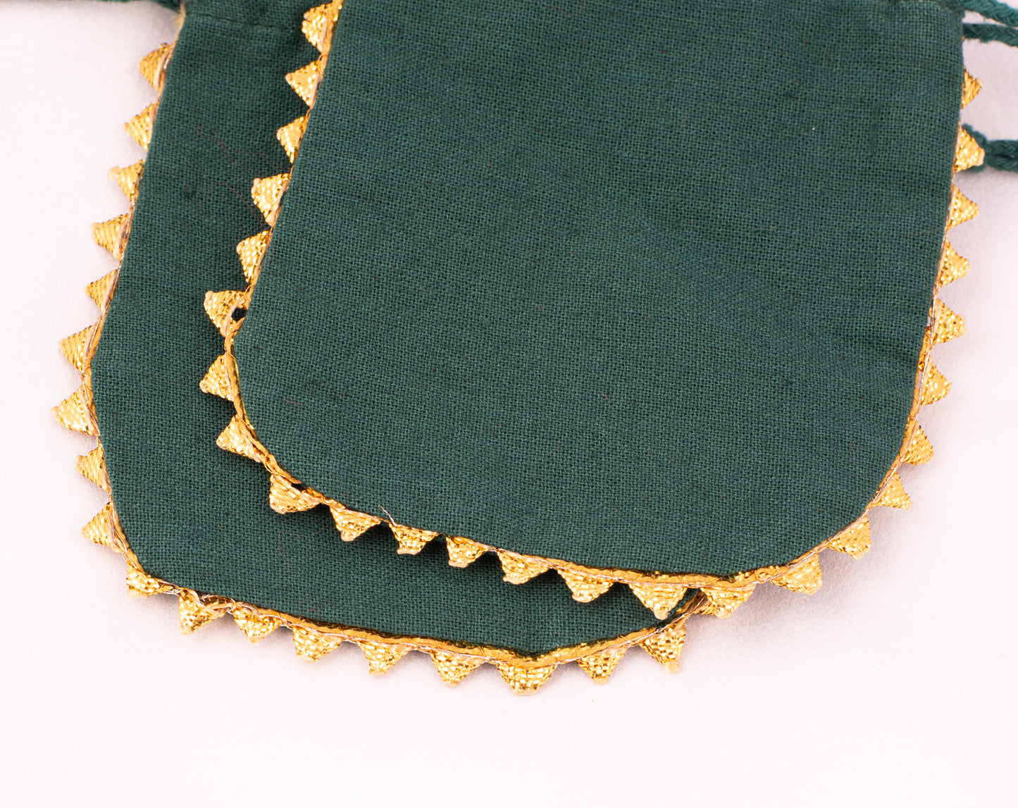 Pack of 100 - Round Golden Lace Green Drawstring Designer Pouch With Logo