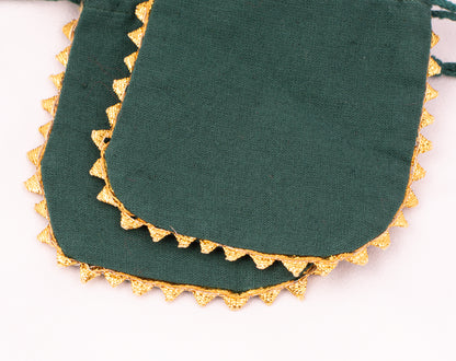 Pack of 100 - Round Golden Lace Green Drawstring Designer Pouch With Logo