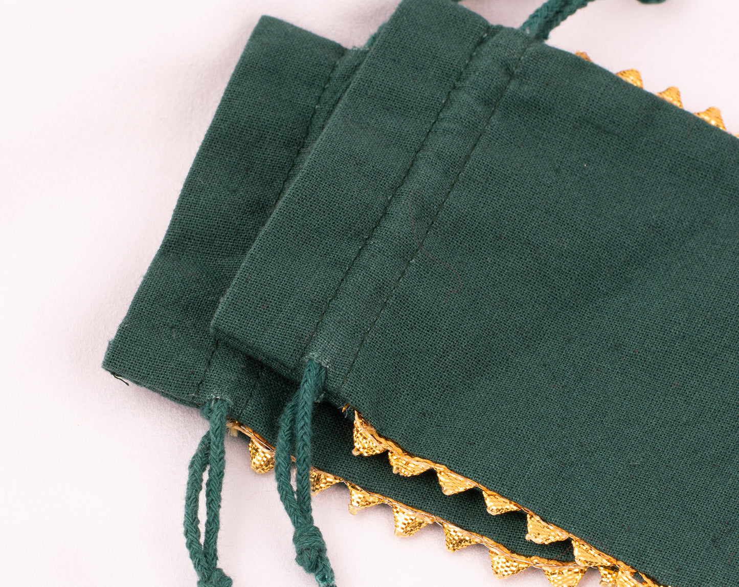 Pack of 100 - Round Golden Lace Green Drawstring Designer Pouch With Logo