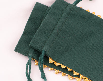 Pack of 100 - Round Golden Lace Green Drawstring Designer Pouch With Logo