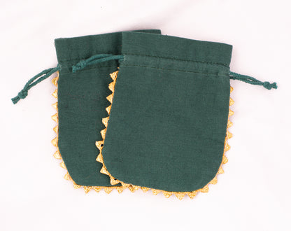 Pack of 100 - Round Golden Lace Green Drawstring Designer Pouch With Logo