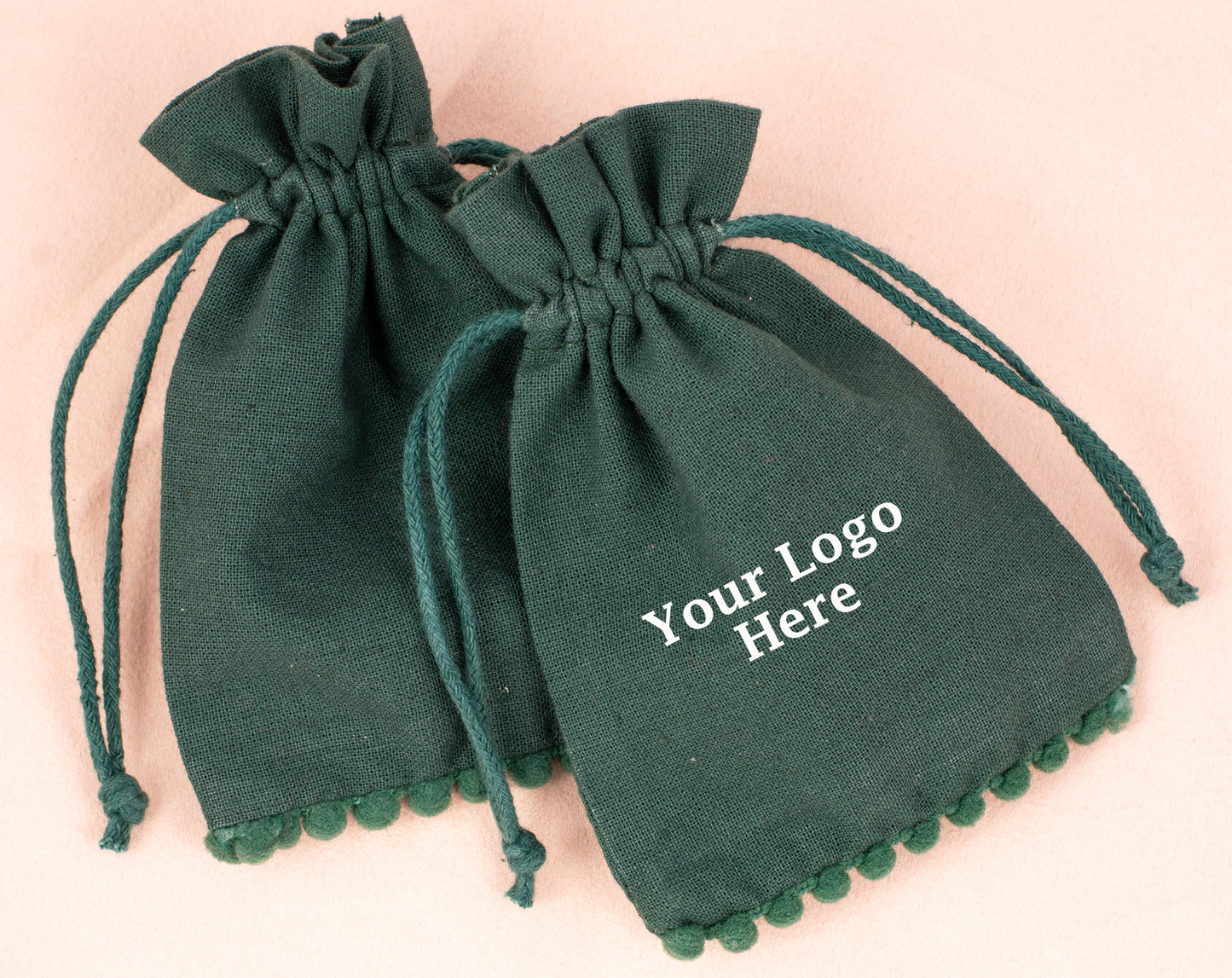 100pcs Dark Green Designer Cotton Pouches With Logo For Eco Friendly Jewelry Packaging