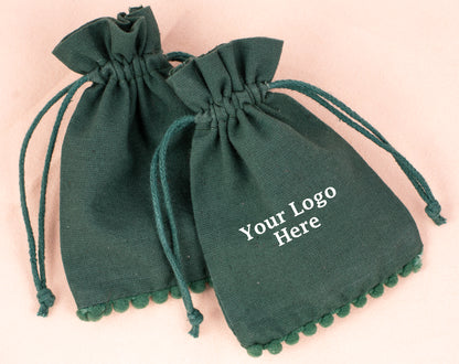 100pcs Dark Green Designer Cotton Pouches With Logo For Eco Friendly Jewelry Packaging
