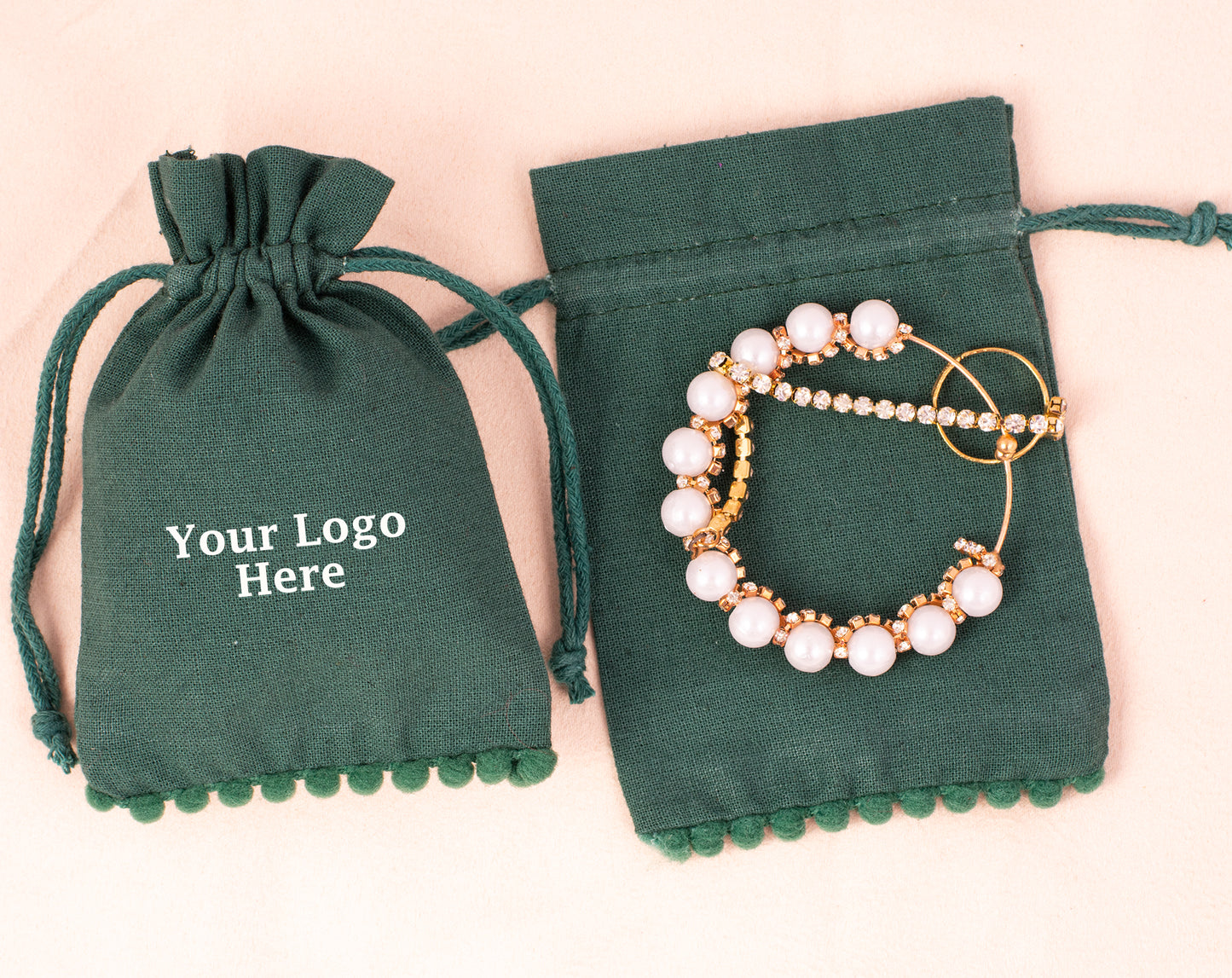 100pcs Dark Green Designer Cotton Pouches With Logo For Eco Friendly Jewelry Packaging