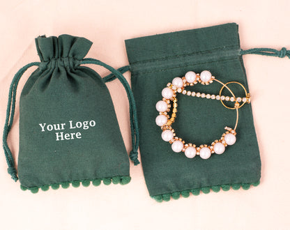 100pcs Dark Green Designer Cotton Pouches With Logo For Eco Friendly Jewelry Packaging