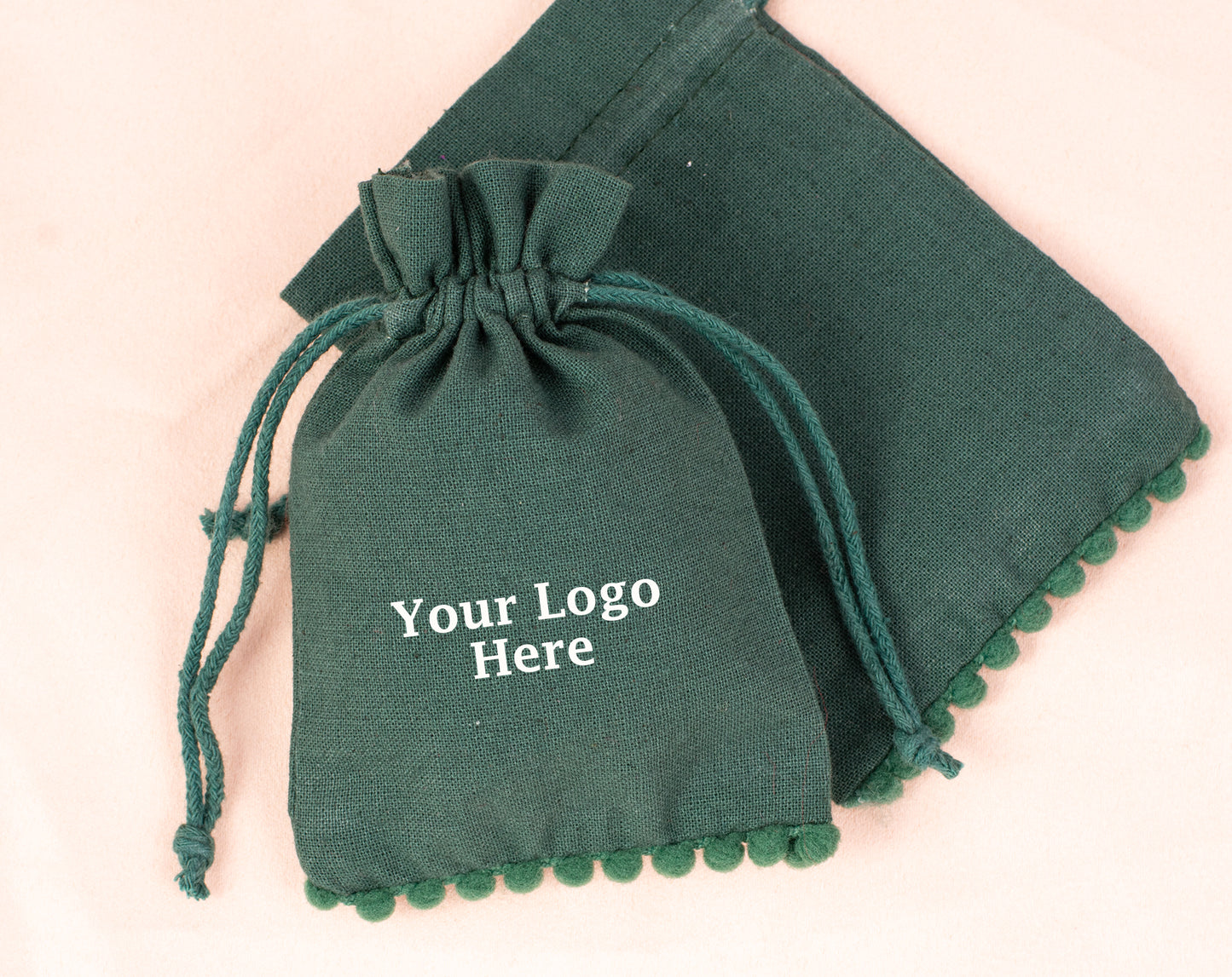 100pcs Dark Green Designer Cotton Pouches With Logo For Eco Friendly Jewelry Packaging