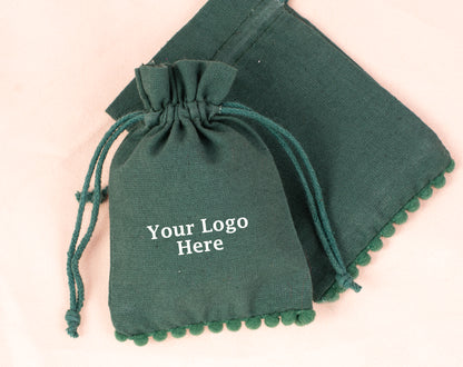 100pcs Dark Green Designer Cotton Pouches With Logo For Eco Friendly Jewelry Packaging