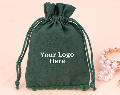 100pcs Dark Green Designer Cotton Pouches With Logo For Eco Friendly Jewelry Packaging