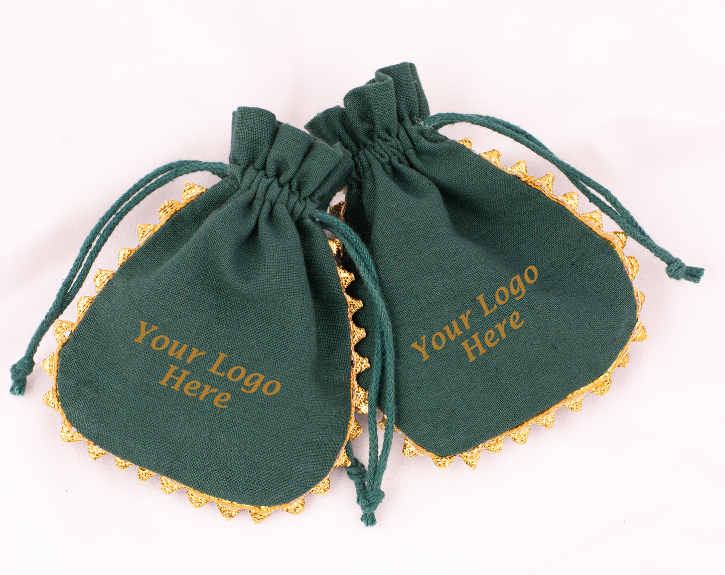 Pack of 100 - Round Golden Lace Green Drawstring Designer Pouch With Logo