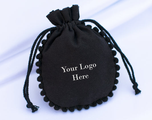 Pack of 100 - Black Drawstring Designer Pouch With Logo For Jewelry Packaging