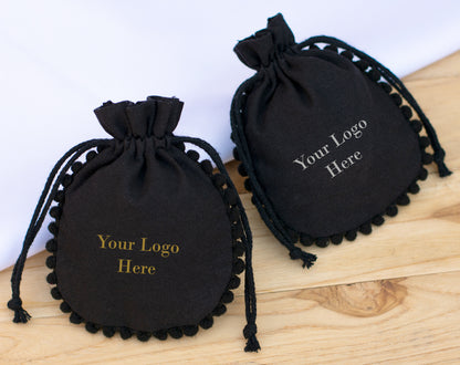 100pcs Black Cotton Drawstring Designer Pouch With Logo For Jewelry Packaging