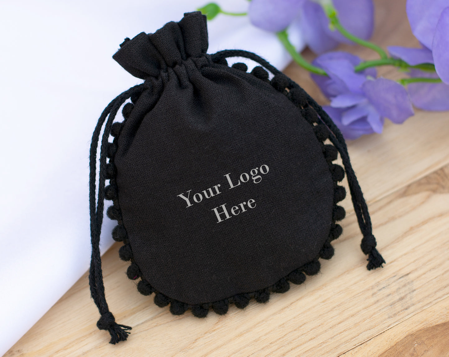 100pcs Black Cotton Drawstring Designer Pouch With Logo For Jewelry Packaging