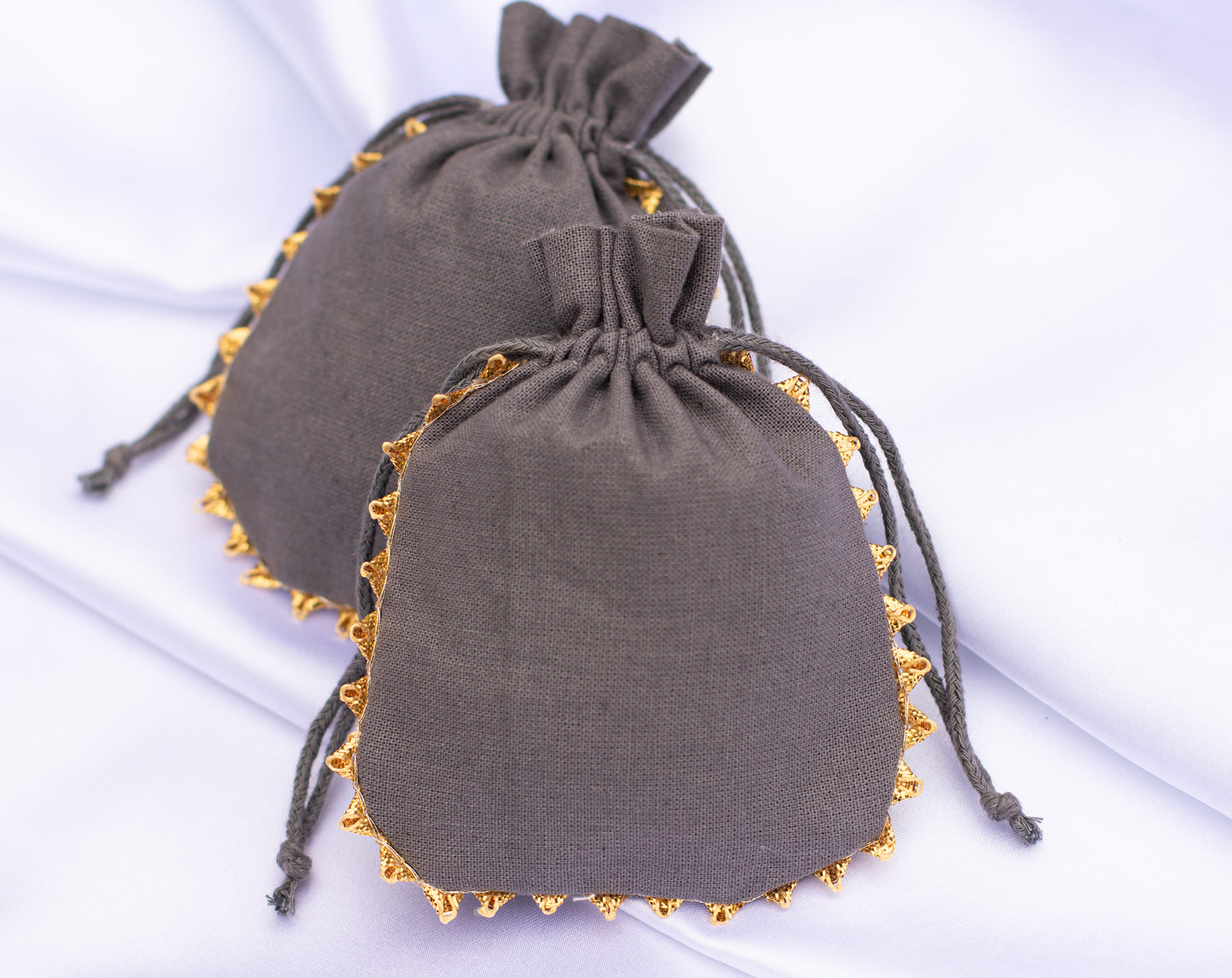 Pack of 100 - Charcoal Gray With Golden Lace Designer Pouch With Logo