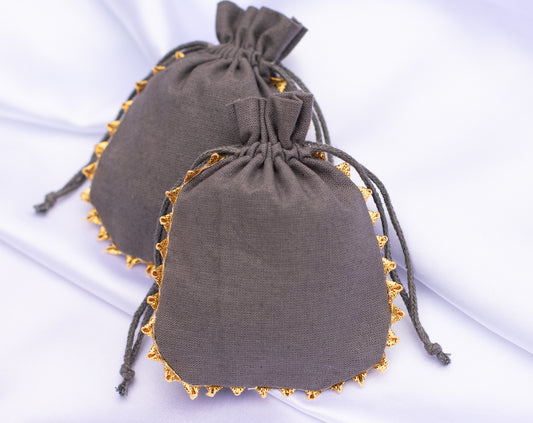 Pack of 100 - Charcoal Gray With Golden Lace Designer Pouch With Logo