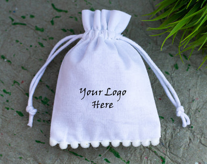 100pcs White Designer Cotton Pouches With Logo, Eco Friendly Jewelry Packaging