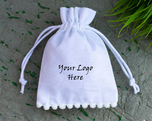 100pcs White Designer Cotton Pouches With Logo, Eco Friendly Jewelry Packaging