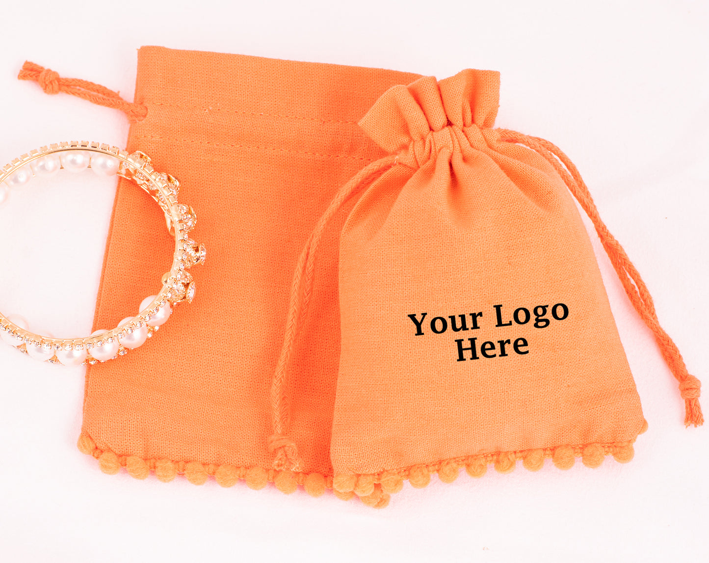 100pcs Orange Designer Cotton Pouches With Logo, Eco-Friendly Jewelry Pouches