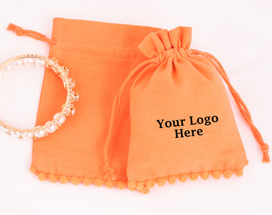 100pcs Orange Designer Cotton Pouches With Logo, Eco-Friendly Jewelry Pouches