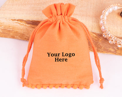 100pcs Orange Designer Cotton Pouches With Logo, Eco-Friendly Jewelry Pouches