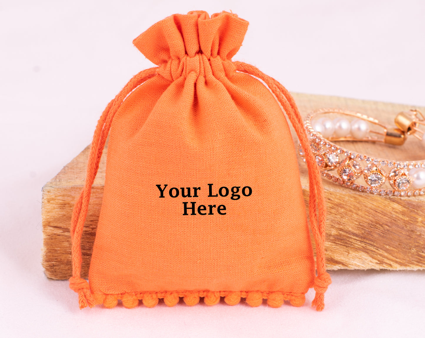 100pcs Orange Designer Cotton Pouches With Logo, Eco-Friendly Jewelry Pouches