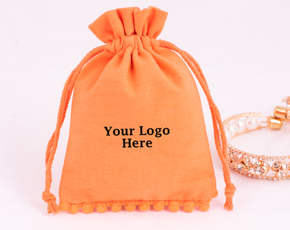 100pcs Orange Designer Cotton Pouches With Logo, Eco-Friendly Jewelry Pouches
