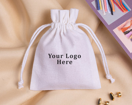 100pcs - White Cotton Drawstring Jewelry Pouch With Logo in Wholesale & Bulk