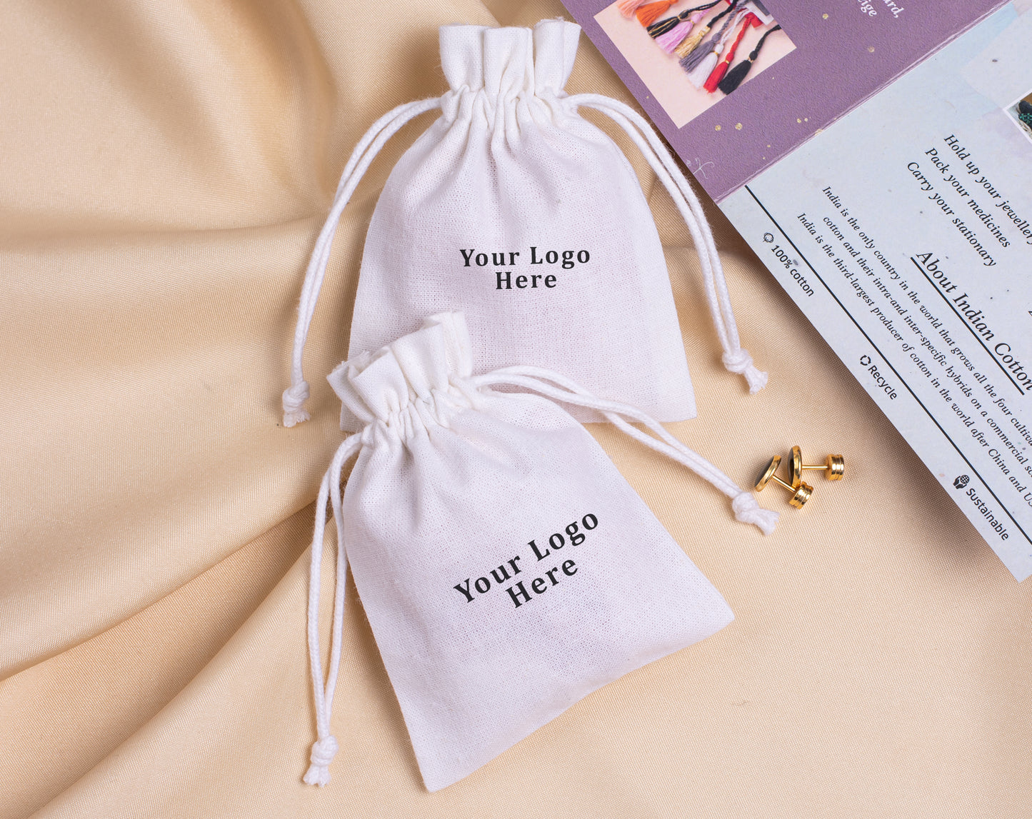 100pcs - White Cotton Drawstring Jewelry Pouch With Logo in Wholesale & Bulk