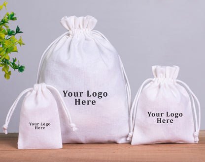 100pcs - White Cotton Drawstring Jewelry Pouch With Logo in Wholesale & Bulk