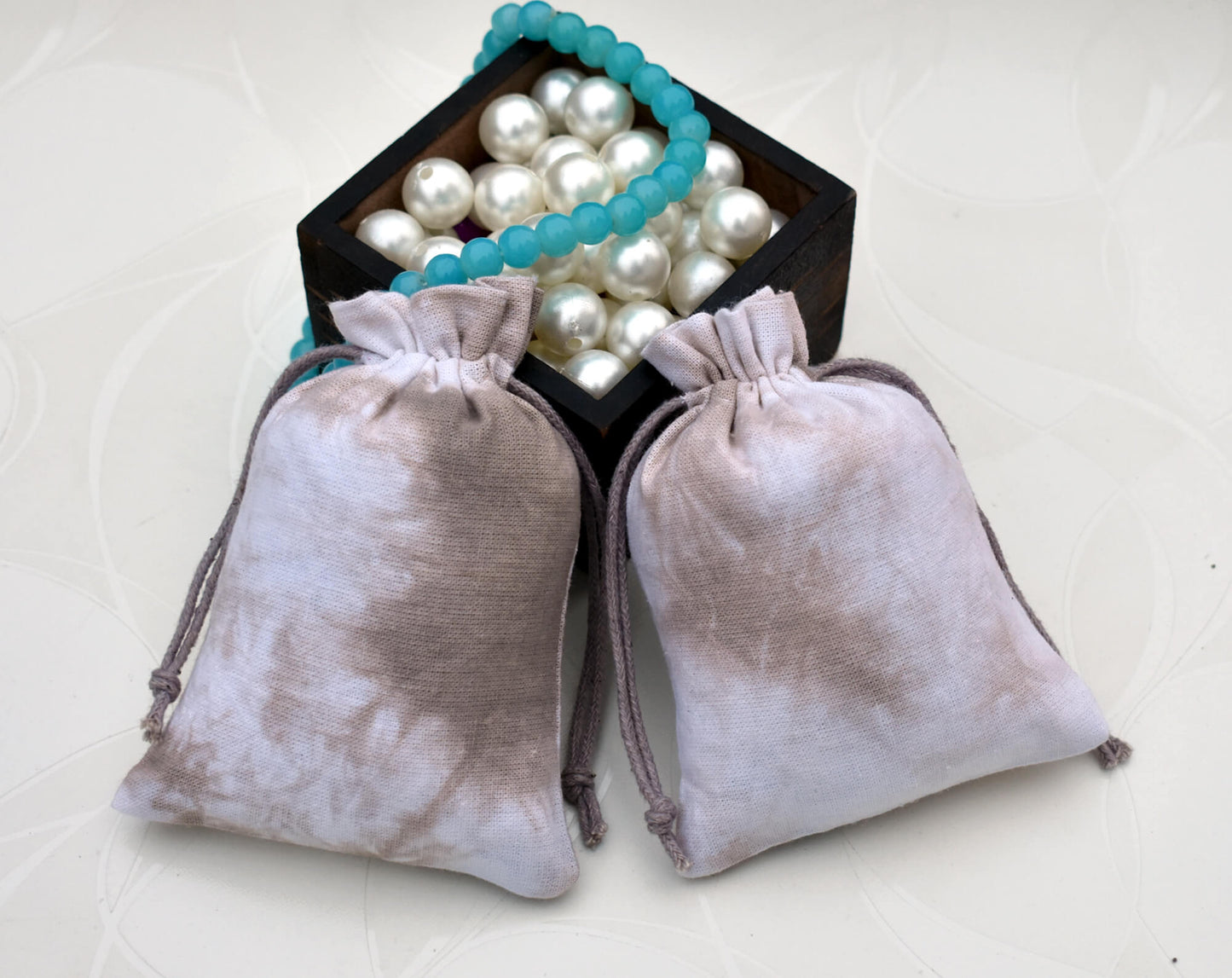 Pack of 100 - Light Lavender Gray Tie Dye Cotton Pouches With Logo