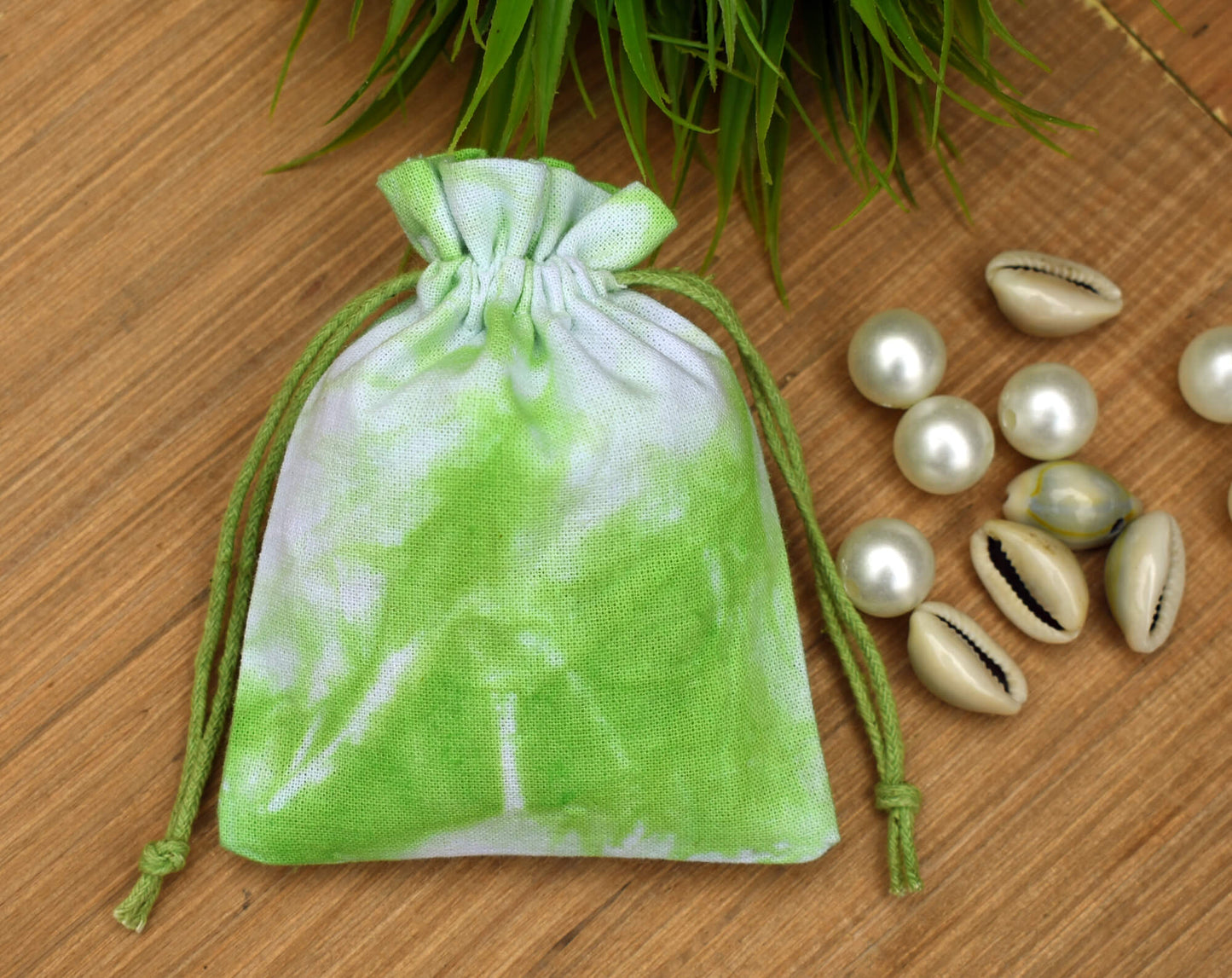 Pack of 100 - Leaf Green Tie Dye Cotton Pouches With Logo