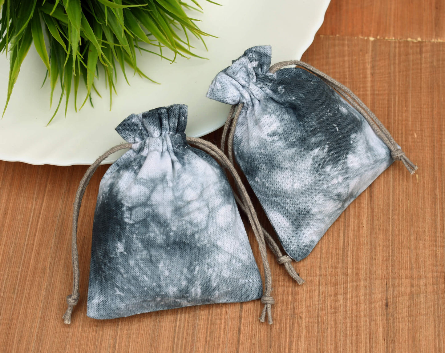 Pack of 100 - Charcoal Gray Tie Dye Cotton Pouches With Logo