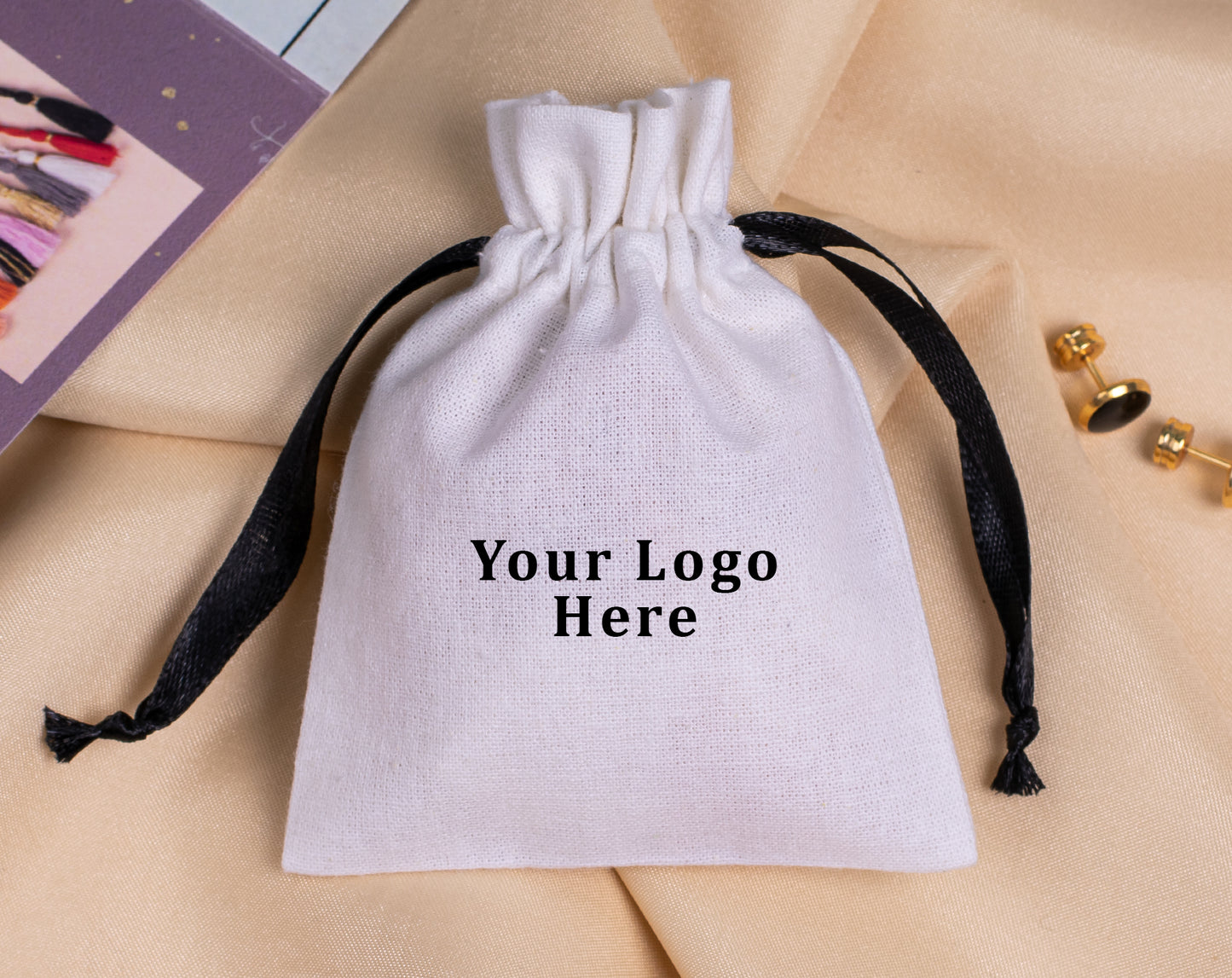 100pcs - White Cotton Custom Drawstring Bags With Logo in Wholesale & Bulk