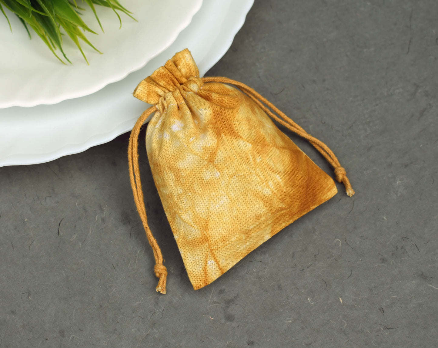 Pack of 100 - Mustard Yellow Tie Dye Cotton Pouches With Logo