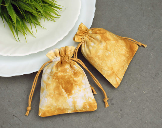 Pack of 100 - Mustard Yellow Tie Dye Cotton Pouches With Logo