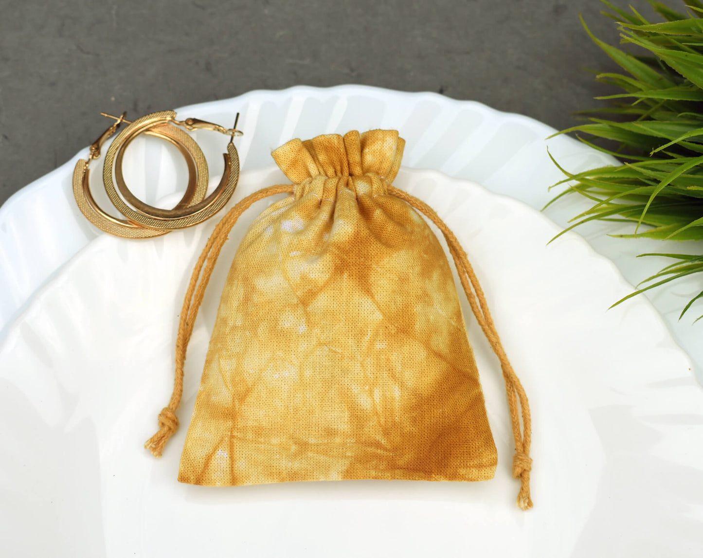 Pack of 100 - Mustard Yellow Tie Dye Cotton Pouches With Logo