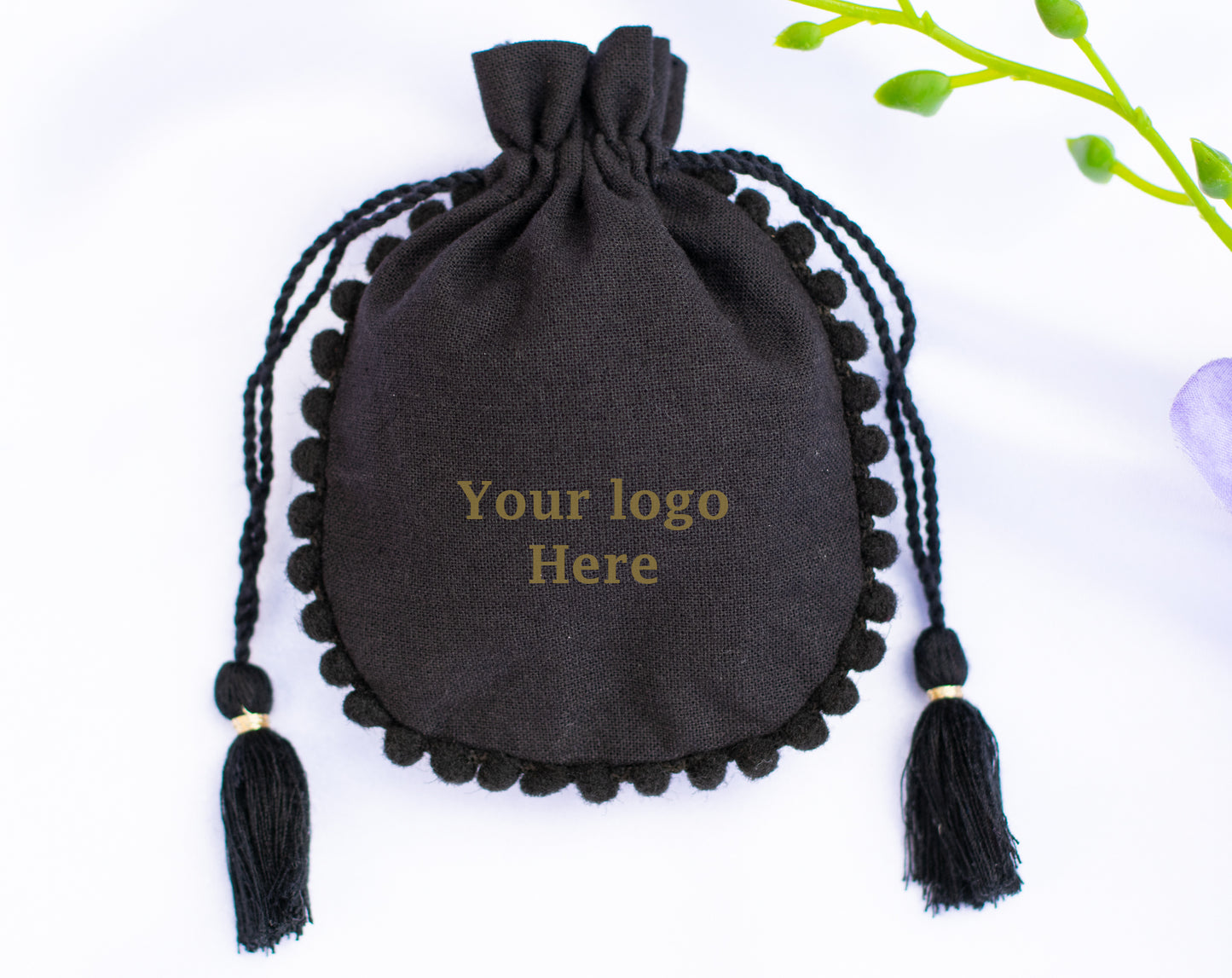 Pack of 100 - Black Designer Cotton Drawstring Pouch With Logo For Jewelry Packaging