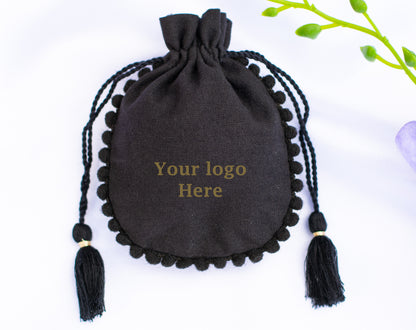 Pack of 100 - Black Designer Cotton Drawstring Pouch With Logo For Jewelry Packaging