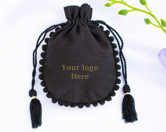 Pack of 100 - Black Designer Cotton Drawstring Pouch With Logo For Jewelry Packaging