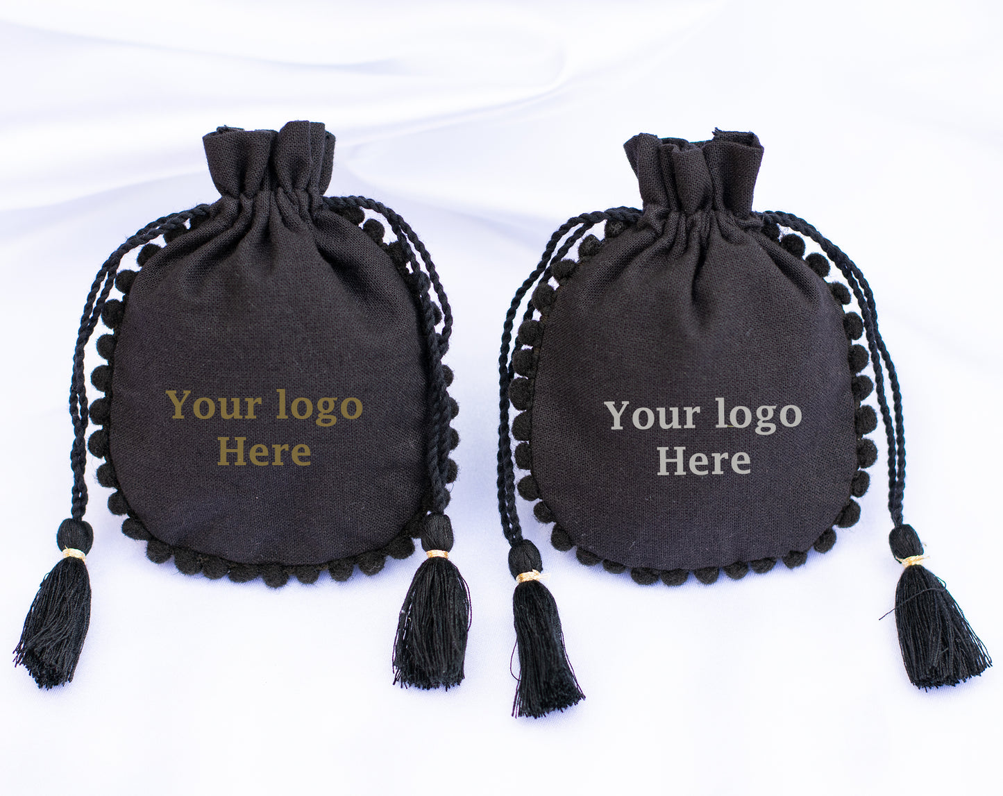 Pack of 100 - Black Designer Cotton Drawstring Pouch With Logo For Jewelry Packaging