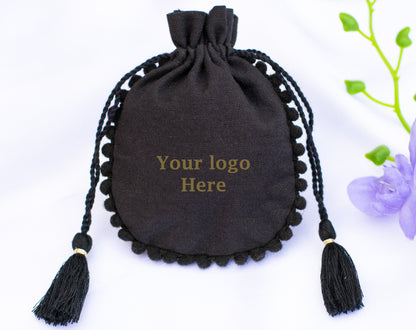 Pack of 100 - Black Designer Cotton Drawstring Pouch With Logo For Jewelry Packaging